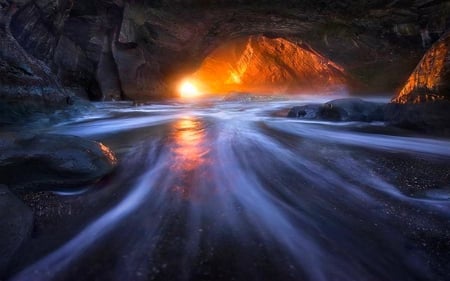 LIGHTED BEACH CAVE - rock, cave, water, beach, stone, lighted