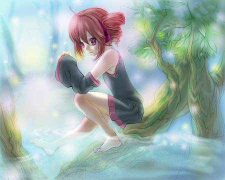 Anime - anime, tetored, forest, anime short hair, red hair, kasane, black dress, cute anime girl, barefoot