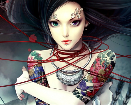 PRINCESS - woman, princess, eyes, purple, purple eye, lipstick, anime, green, brunette, piercings, strings, necklace, tattoos, red, arrows, green eye, colourful