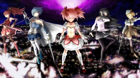 ready - anime, yellow, blue, ready for battle, team, girl, flying, purple moon, pink, black, purple, red, fight, friends, above city