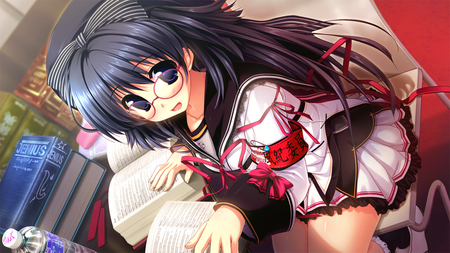 School Girl - oshiki, glasses, hitoshi seifuku, cute anime, blue hair, kimykaze, anime, books, anime long hair, school girl