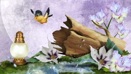 Forest Surprise - wet, water, bird, wood, lantern, log, flowers, grass, firefox persona, lavender