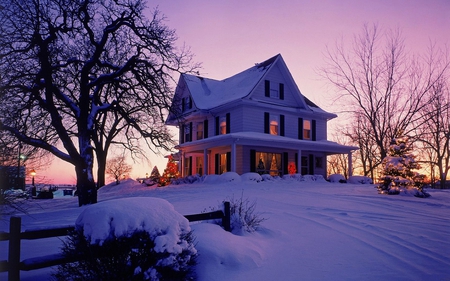 American christmas - house, trees, winter, snow, night, architecture, christmas, american, cold, silent