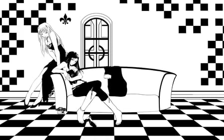 black and white girls - girls, nice, beauty, sofa, girl, black, white, gorgeous, cool, beautiful, anime, awesome, cute