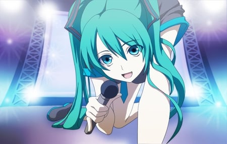 Hatsune Miku - pretty, artistic, stage, light, nice, program, beauty, virtual, cg, white, gray, cute, aqua eyes, song, vocaloid, anime, twintail, hatsune miku, microphone, music, aqua, art, idol, anime girl, beautiful, singer, girl, cool, black, glow, miku, awesome, diva, digital, aqua hair, hatsune, vocaloids