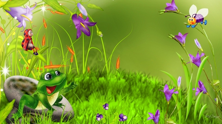 Wunderland - wonderland, bee, summer, whimsical, rock, spring, grass, firefox persona, flowers, fantasy, green, bugs, cute, frog