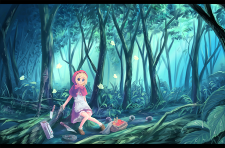 Red Riding Hood - red riding hood, anime short hair, touhou, anime fantasy, tagme, forest, pretty girl, cute anime girl, anime