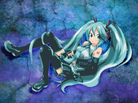 Hatsune Miku - hatsune miku, blue hair, purple, 01, blue eyes, twin tail, cracked