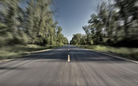 Speed - fast, sky, trees, blue, road, blurr