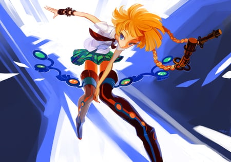 original - yelow hair, blue, blue eyes, weapon, jump, short hair, dress