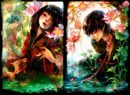 anime - aqua, blue eyes, kimono, flowers, colors, short hair, black hair