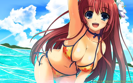 Beautiful Summer Day - ocean, beach, clouds, blue eyes, bikini, tomose shunsaku, smile, brown hair