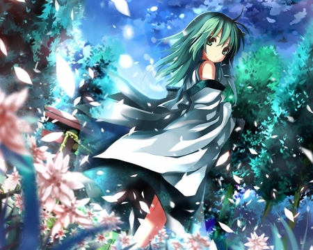 Cute Kimono Girl - at night, touhou, cute kimono girl, tagme, forest, petals, anime, anime long hair, green hair