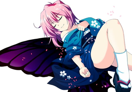 Pink Hair Anime - sleeping, kimono girl, fantasy anime, pink hair anime, tagme, anime, butterfly girl, cute, short hair