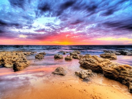 Sunset - summer, rocks, beautiful, beach, ocean, view, nature, sunset, colorful, beauty, peaceful, blue, sky, sand, reflection, clouds, lovely, splendor, orange, sea, colors, waves