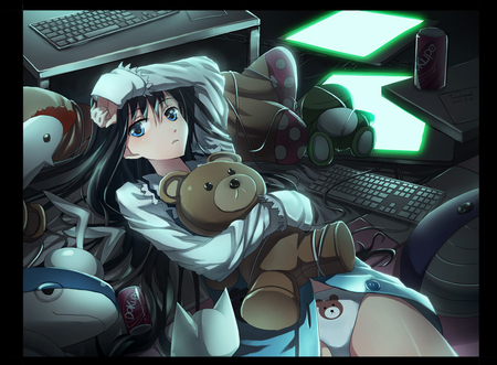 anime girl - anime, pillow, girl, cute, room, teddy bear, night