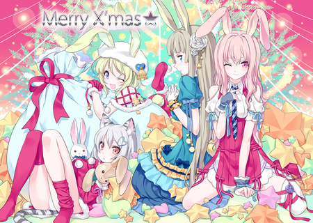 A Merry Christmas - animal ears, 4 girls, blonde hair, kousaki rui, white hair, pink eyes, christmas, grey hair, pink hair, bunny ears, blue eyes