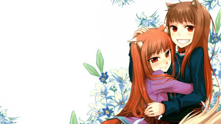 ...two Holo's? - tail, animal ears, wolf tail, 2 girls, brown hair, wolf ears, horo, ayakura juu, red eyes, holo