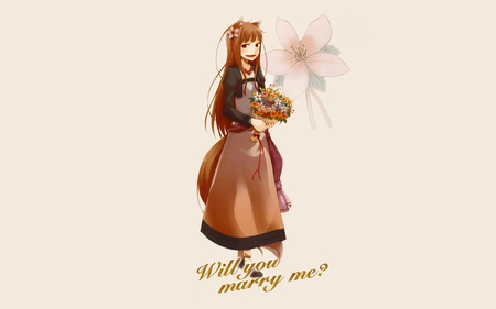 Marry meh? - animal ears, spice and wolf, dress, holo, brown hair, tail, red eyes, flowers, ayakura juu, wolf tail, horo