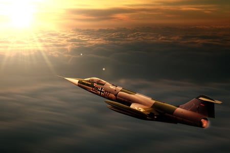 soaring high - airplane, jet, military, starfighter, plane, flight, f104, sun, sky