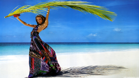 beach fashion - beach, sky, sexy, ocean, female, photography, summer, gown, model, pretty, blue, sand, dress