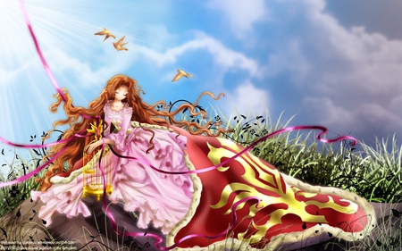 Serenitly - heaven, serenitly, close eyes, birds, heart, dress, spring, nunnally lamperouge, ribbon, princess, sky, flag, code geass lelouch of the rebellion, cape, beauty, sweet, smile, cloud, cute, code geass