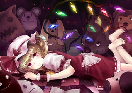 Flandre Scarlet - short hair, wing, blonde, girl, dress, ribbon, rainbow, bow, flandre scarlet, hat, colorful