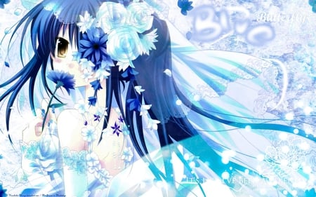 Butterfly - anime, blue, dress, girl, butterfly, flower