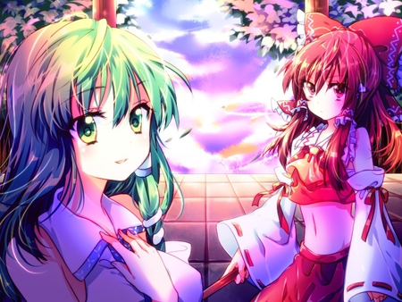 Kochiya Sanae & Reimu Hakurei - flowers, ribbon, reimu hakurei, kimono, bow, kochiya sanae