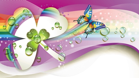 Butterfly Magic 3 - abstract, rainbow, glow bubbles, swish, butterfly, clover, swirls, dew drops