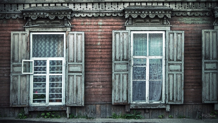 Old But Never Forgoteen VIII - house, windows, curtains, home, broken down, gingerbread trim, vintage, old, sidewalk