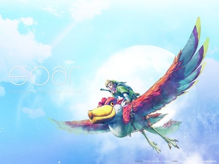 Soar for a brighter future! - sky, air, clouds, sun, link, video games, zelda, bird