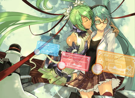 Miku Twins - 01, glasses, heart, append, lyric, live, bgm, orange, miku, twin, advanced, shooter, hatsune, vocaloid, red, blue, digital