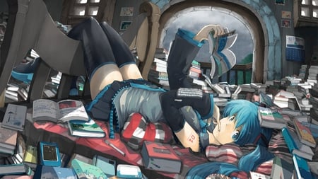 Hatsune Miku - books, number, black, hair