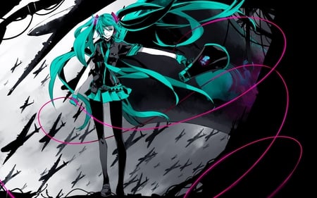 Hatsune Miku - black, white, green, pink, hair