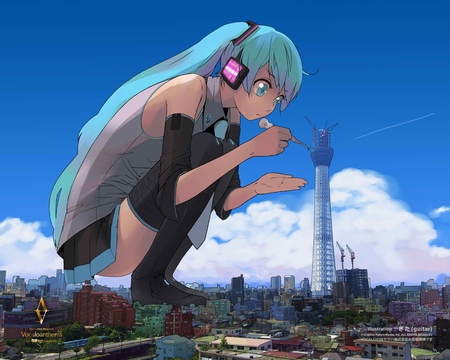 Hatsune Miku - black, blea, white, building