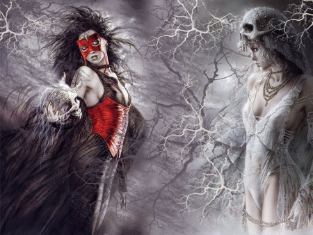 Black and white - luis royo, girl, dark, skull, black, angry, white, royo, mask, red, woman, fight, art