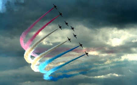 colour the sky - clouds, airplanes, air show, plains, colors, cool, frecce tricolori, aircraft, colours, colorful, italian air force, color, sky, aerobatic