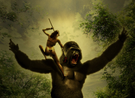 Jungle Warrior - spear, attack, gorilla, man, jungle