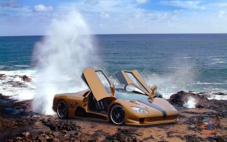 SCC Ultimate Aero-on the sands - car, scc ultimate aero-on the sands, vista logo, water, waves