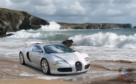 BUGATTI VEYRON ON THE SANDS - bugatti veyron on the sands, car, vista logo, water, waves