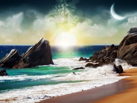 Sea With Sun and Moon !!! - moon, sky, abstract, sun, 3d-art, sea