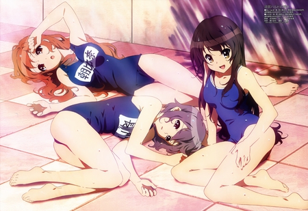 Haruhi suzumiya no juutsu - 3girls, haruhi, mikuru, wet, long hair, nagato, short hair, bed, black hair, purple hair, orange hair