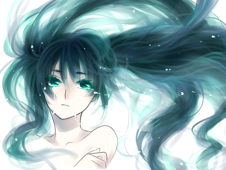 Hatsune Miku - aqua, tears, music, anime girl, white, art, cool, aqua eyes, artistic, hatsune miku, song, vocaloids, program, vocaloid, beautiful, diva, dress, nice, beauty, water, twintail, singer, aqua hair, black, virtual, pretty, idol, anime, miku, cute, girl, sad, white dress, crying, cg, hatsune, digital, awesome