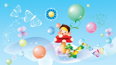 Mushroom Fun - whimsical, mushroom, toadstool, child, fantasy, balls, butterfly, boy, flowers, firefox persona