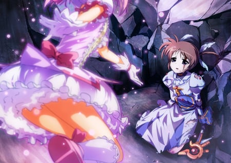 Kaname Madoka - blood, anime, dress, mahou shoujo lyrical nanoha, cool, mahou shoujo madoka magica, takamachi nanoha, kaname madoka, crossover