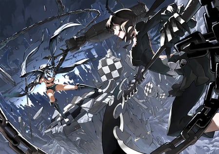 Black Rock Shooter - justminor, anime, kuroi mato, chain, sword, cool, long hair, girls, short hair, black rock shooter, black hair, bikini top, sexy