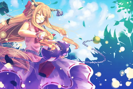 Happy Suika - female, girl, chain, oni, horns, touhou, ibuki suika, game, sake, demon