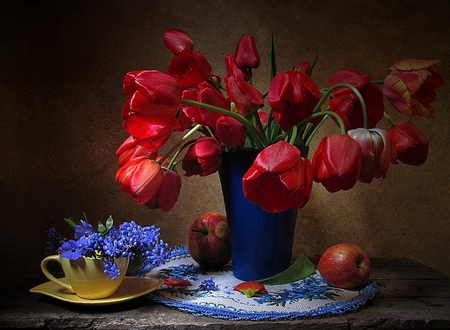 still life - nice, beauty, photography, tulips, bouquet, still life, pretty, cool, petals, old, apple, harmony, glass, lovely, fruit, vase, red, blue, beautiful, tulip, flowers, photo, embroidery, flower, elegantly