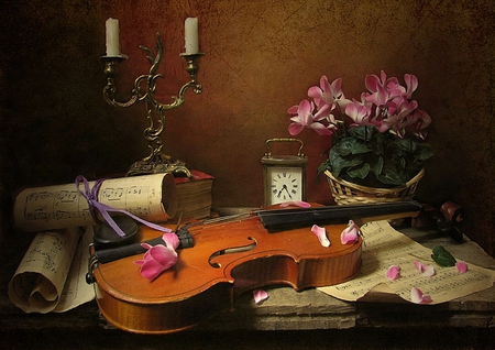 still life - pretty, elegantly, book, romance, clock, pink, photo, candlestick, flowers, music, old, candles, nice, notes, beautiful, violin, photography, candle, beauty, lovely, cool, still life, flower, petals, harmony